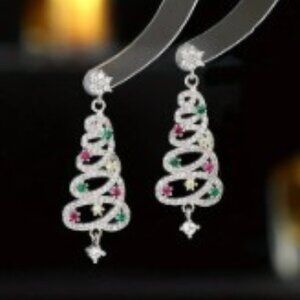 Christmas Tree Multicolor Zirconia Dangle Earrings - S925 Silver Plated Holiday